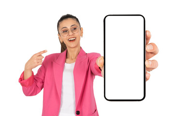Fototapeta na wymiar Recommending new application, cheerful pretty brunette business woman recommending new application. Young caucasian lady showing holding big blank cell phone smartphone empty white screen mockup. 
