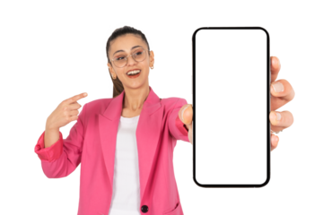 Recommending new application, cheerful pretty brunette business woman recommending new application. Young caucasian lady showing holding big blank cell phone smartphone empty white screen mockup.  