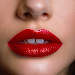 Close up of woman's lips with red lipstick on her lips. Generative AI.