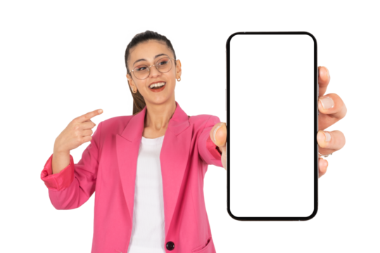 Recommending new application, cheerful pretty brunette business woman recommending new application. Young caucasian lady showing holding big blank cell phone smartphone empty white screen mockup.  