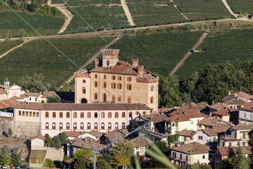 The town of Barolo, with the Falletti castle, surrounded by vineyards in Langhe region. Piedmont,...