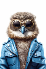 Owl wearing blue leather jacket and large round glasses with leather jacket on it's chest. Generative AI.