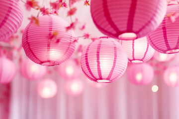 Group of pink lanterns hanging from ceiling next to pink wall. Generative AI.
