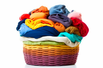Basket filled with colorful clothes on top of white floor next to white wall. Generative AI.
