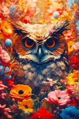 Image of owl surrounded by colorful flowers and flowers in the foreground. Generative AI.