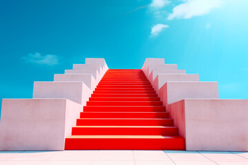 Set of red steps leading up to blue sky with clouds in the background. Generative AI.