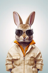 Rabbit wearing sunglasses and jacket with hood on it's head. Generative AI.