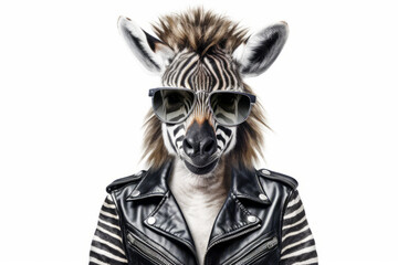 Zebra wearing sunglasses and leather jacket with zebra's head. Generative AI.