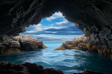 Sea wave photo from cave. Generate AI