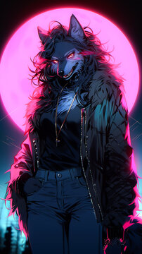 Sexy Werewolf Or Wolf Girl Fursona, Cartoon Synthwave Style With An Urban Night As Backdrop. Pink, Blue, Silver And Purple Colour Theme. Mobile Wallpaper Inspiration. Created With Generative AI.