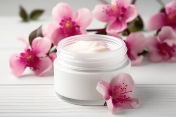 Fototapeta na wymiar Cosmetic cream pink flowers clear. Generate Ai