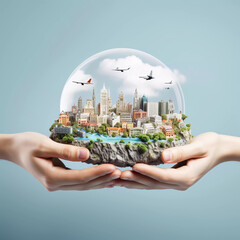 Time to travel concept, human hand holding a city scenery with clouds, and airplane, Small world, photo use for travel concept illustration, advertising, poster, cover, Generative ai.