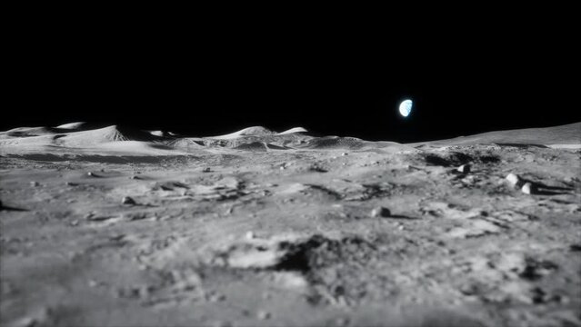 4k high detail wide sideways slider dolly shot of moon lunar landscape with earth just above horizon