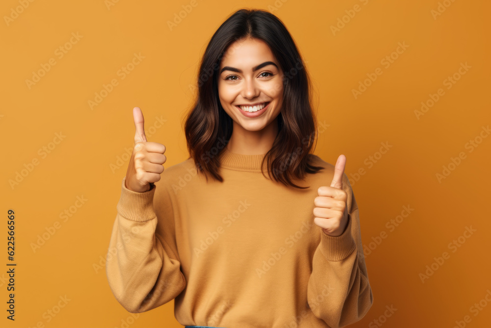 Canvas Prints Woman giving thumbs up sign with both hands on orange background. Generative AI.