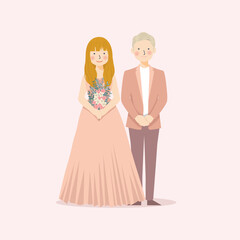Fototapeta premium Cute Wedding Couple in retro and rustic theme clothes with pink and peach color