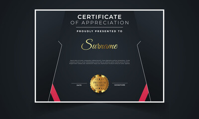 Modern Certificate Template With Luxury Gold Badge, Golden Lines Decoration. Certificate Vector Design For Award, Business, Online Course, Employee Of The Month, Diploma Degree