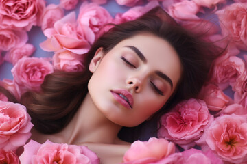 Obraz na płótnie Canvas Woman laying down in bed of pink flowers with her eyes closed. Generative AI.