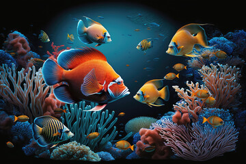 Fototapeta na wymiar A colorful aquarium teeming with tropical fish and vibrant coral, capturing the beauty and tranquility of keeping aquatic pets, generative AI