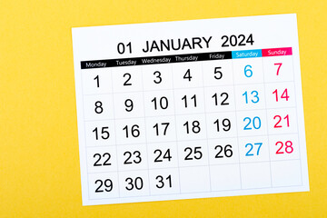 Calendar Desk 2024: January is the month for the organizer to plan and deadline with a yellow background.