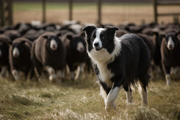 Naklejka na ściany i meble A well-trained border collie herding sheep on a farm, showcasing the intelligence and working abilities of herding breeds, generative AI