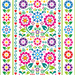 Mexican embroidery folk art style vector seamless pattern with flowers, leaves and geometric shapes, vertical design perfect for wallpaper, textile or fabric print
