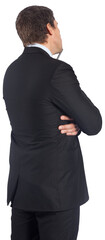 Digital png photo of back view of thinking caucasian businessman on transparent background