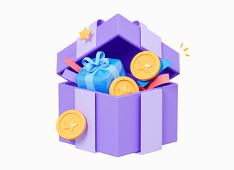 3D Open gift box with floating gold coins. Cash surprise box. Money prize reward. Casino or online game winner. Loyalty program concept. Cartoon design icon isolated on white background. 3D Rendering