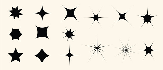 Set of figures, shapes and stars in abstract modern style. Stylish stars for web resources, banners and posters. Collection of contemporary figure, sparkle, flower in 70s groovy style. Geometry