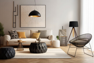 modern living room with a collection of geometric-inspired furniture, generative AI