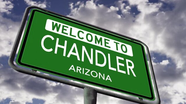 Welcome to Chandler, Arizona. USA City Road Sign Close Up, Realistic Animation