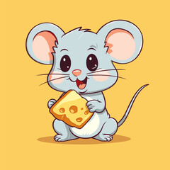 Cartoon mouse holding piece of cheese with smile on its face.