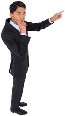 Digital png photo of thinking asian businessman pointing finger on transparent background