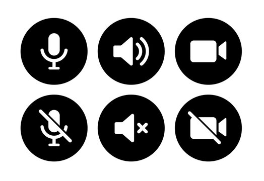 video call icon set. Sound, microphone, video camera, phone, sound off, microphone off, camera off full set vector icons in black circle.