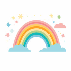 Rainbow with stars and clouds on white background with white background.