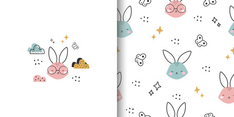 Seamless pattern with rabbit and butterfly. Cute cartoon animal background. Design for print, fabric, textile, wallpaper, wrapping. Vector illustration