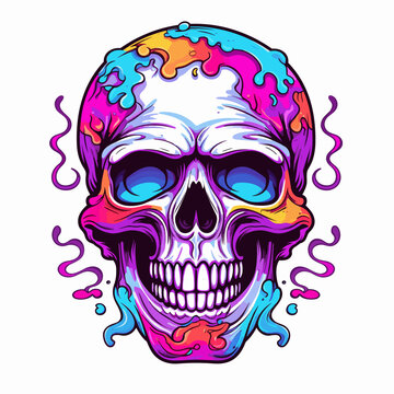 Skull with colorful paint splattered on it's face and eyes.