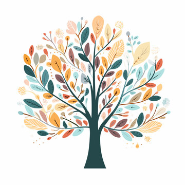 Colorful tree with lots of leaves in the shape of heart on white background.
