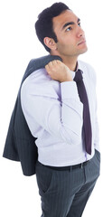 Digital png photo of thinking asian businessman looking up on transparent background
