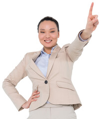 Digital png photo of happy asian businesswoman showing index finger on transparent background