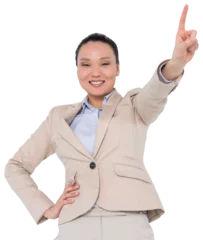 Rolgordijnen Aziatische plekken Digital png photo of happy asian businesswoman showing index finger on transparent background