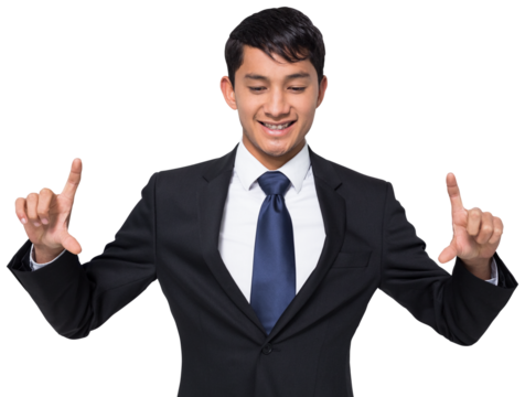Digital png photo of happy asian businessman showing fingers on transparent background