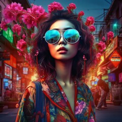 modern japanese woman with glasses and flowers, fictional person created with generative ai
