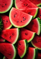 Heap of red fresh colorful watermelon slices, summer healthy food background.  Generative Ai.