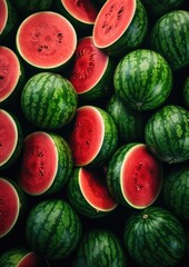 Close up of many fresh red watermelons  background, summer healthy food. Generative Ai.