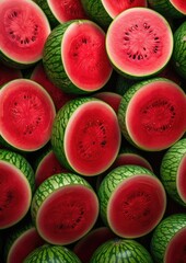 Close up of many fresh red watermelons  background, summer healthy food. Generative Ai.