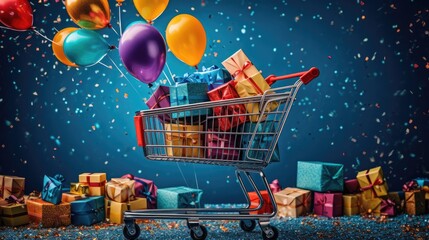 Shopping cart full of colorful gift boxes on blue background with confetti. Black Friday sale. Online shopping.
