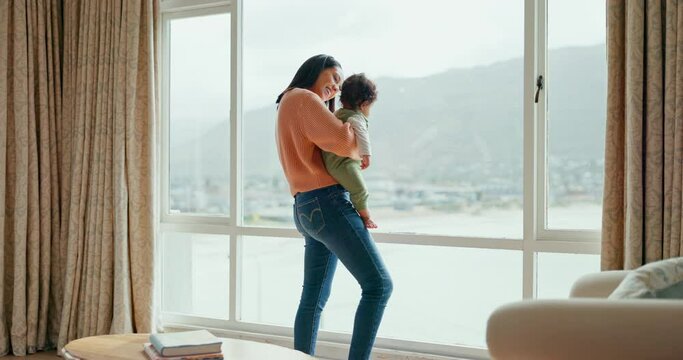 Happy, baby and mother pointing out window for play, relax and quality time. Happiness, development and health with a woman and infant child in family home apartment for care, security and bonding