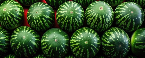 Obraz premium Many fresh red watermelons detailed background, summer panorama. Generative Ai.
