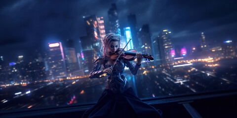 a luxury cyberpunk woman playing violin in a futuristic city in the night, fictional person created with generative ai