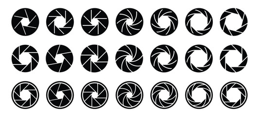 Camera shutter icons. Camera shutter vector, lens aperture, shutter icon, camera shutter,  camera shutter graphic, camera shutter icon, lens diaphragm. Camera lens icon collection. Vector illustration